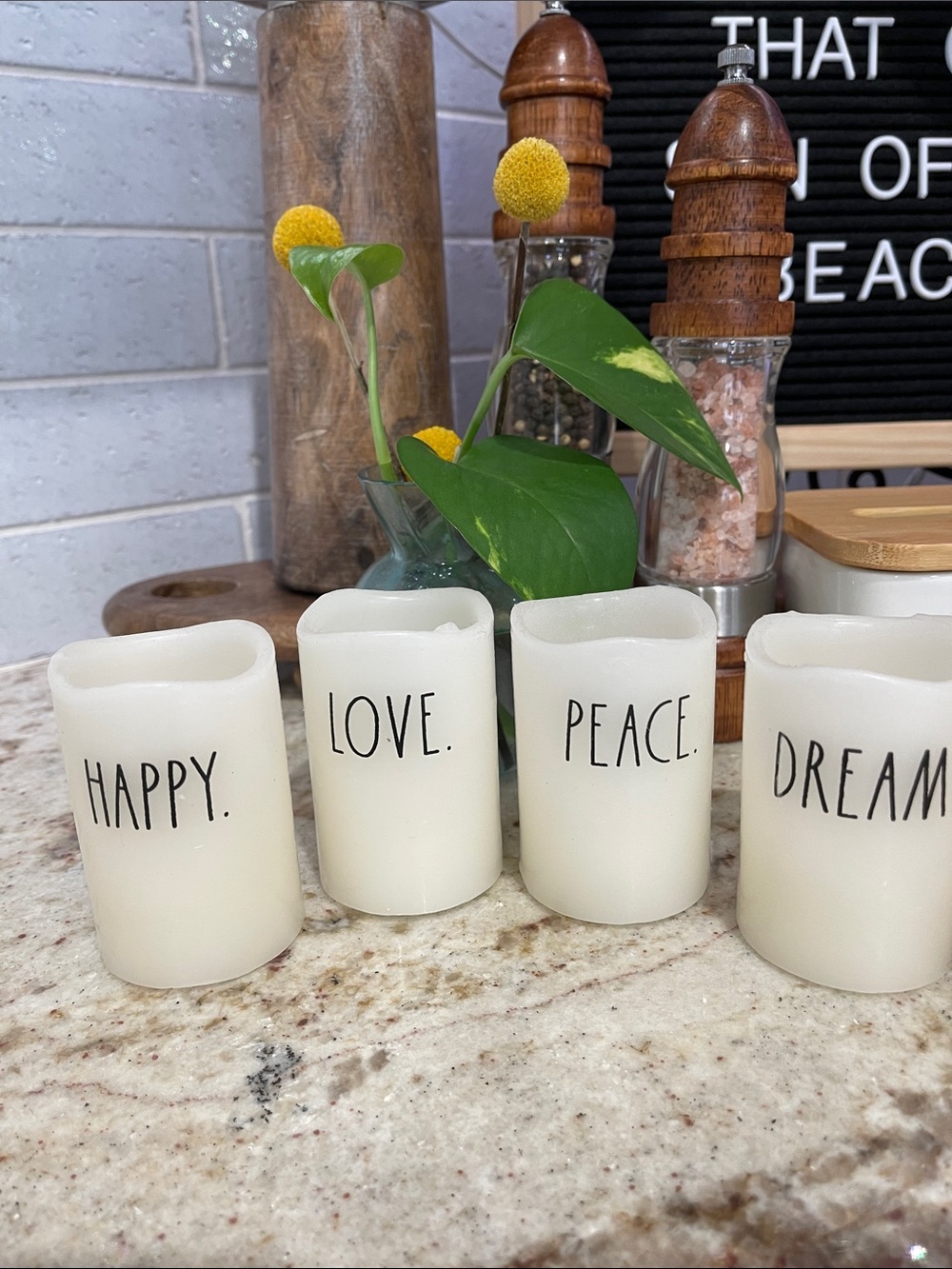 Rae Dunn Cream LED Votive Candle Set - Happy Love Peace Dream
